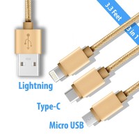 Tuttonica 3 in 1 Fast Charging & Data Sync Cable, Micro USB, Lightning, Type-C, Gold, 1 meter TUTTO-C101 